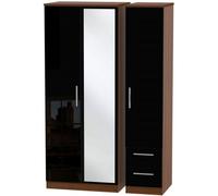 Knightsbridge Black Gloss and Walnut Effect 3 Door Combi Wardrobe - 1 Mirror and RHF 2 Drawers