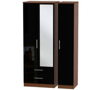 Knightsbridge Black Gloss and Walnut Effect 3 Door Tall Combi Wardrobe - 1 Mirror and LHF 2 Drawers