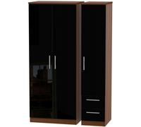Knightsbridge Black Gloss and Walnut Effect 3 Door Triple Wardrobe - RHF 2 Drawers