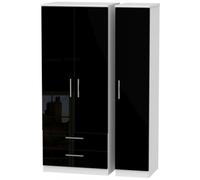 Knightsbridge Black Gloss and White 3 Door Triple Wardrobe - LHF 2 Drawers