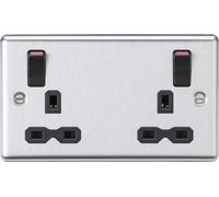 Knightsbridge CL9001BCUR Rounded Edge 13A 2G DP Switched Socket Urea Outboard Rockers with Red Flash - Brushed Chrome + Black Insert