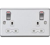 Knightsbridge CL9001BCW Rounded Edge 13A 2G DP Switched Socket Metal Outboard Rockers with Red Flash - Brushed Chrome + White Insert