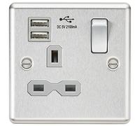 Knightsbridge CL91BCG 13A 1G Rounded Edge Switched Socket Dual USB Charger Slots with Grey Insert, Silver