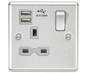 Knightsbridge CL91BCG 13A 1G Switched Socket Dual USB Charger Slots with Grey Insert - Rounded Edge Brushed Chrome, Silver