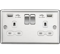 Knightsbridge CL9224PCW Rounded Edge 13A 2G Switch Socket +2xUSB 2.4A - Polished Chrome + White Insert
