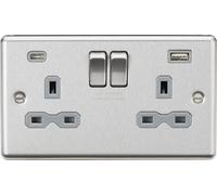 Knightsbridge CL9940BCG Rounded Edge 13A 2G SP Switched Socket + 2xUSB A+C (5V DC 4.0A Shared) - Brushed Chrome + Grey Insert