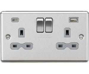 Knightsbridge CL9940BCG Rounded Edge 13A 2G SP Switched Socket + 2xUSB C (5V DC 4.0A Shared) - Brushed Chrome + Grey Insert
