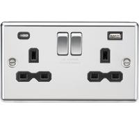 Knightsbridge CL9940PC Rounded Edge 13A 2G SP Switched Socket + 2xUSB C (5V DC 4.0A Shared) - Polished Chrome + Black Insert
