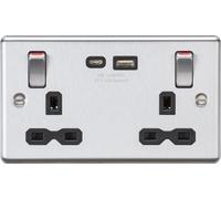Knightsbridge CL9941BC Rounded Edge 13A 2G DP Socket Dual USB C Metal Outboard Rockers with Red Flash - Brushed Chrome + Black Insert