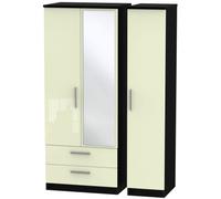 Knightsbridge Cream Gloss and Black 3 Door Combi Wardrobe - 1 Mirror and LHF 2 Drawers