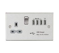 Knightsbridge CS7USB4BCG Square Edge 13A Switch Socket + 4xUSB 5.1A - Brushed Chrome + Grey Insert