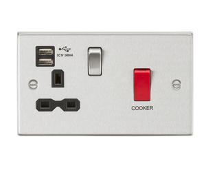 Knightsbridge CS8333UBC Square Edge 45A DP Switch + 13A Switch Socket +2xUSB 2.4A - Brushed Chrome + Black Insert