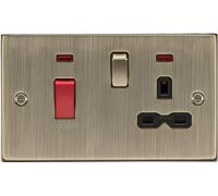 Knightsbridge CS83AB 45A DP Cooker Switch & 13A Switched Socket with Neons & Black Insert - Square Edge Antique Brass