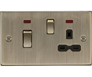 Knightsbridge CS83MNAB Square Edge 45A DP Cooker Switch + 13A Switched Socket + Neons - Antique Brass + Black Insert