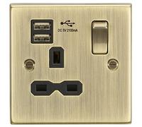 Knightsbridge CS91AB Square Edge Antique Brass 13A 1G Switched Socket Dual USB Charger Slots with Insert