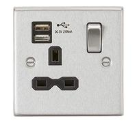 Knightsbridge CS91BC Switched Socket, 2.1 A Dual USB Charger with Black Insert, Square Edge Brushed Chrome, 13 A, 1G