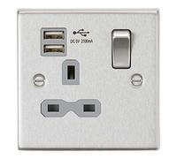 Knightsbridge CS91BCG Switched Socket, 2.1 A Dual USB Charger with Grey Insert, Square Edge Brushed Chrome, 13 A, 1G