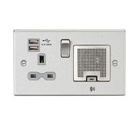 Knightsbridge CS9905BCG Socket, 2.4 A USB Chargers & Bluetooth Speaker, Square Edge Brushed Chrome with Grey Insert, 13 A