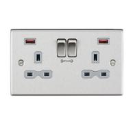 Knightsbridge CS9908BCG Square Edge 13A 2G DP Switch Socket + 2xUSB A+A FAST - Brushed Chrome + Grey Insert