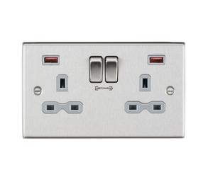 Knightsbridge CS9908BCG Square Edge 13A 2G DP Switch Socket + 2xUSB A FAST - Brushed Chrome + Grey Insert