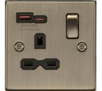 Knightsbridge CS9919AB Square Edge 13A 1G SP Switched Socket + 2xUSB C) [Max. 18W QC/PD FASTCHARGE] - Antique Brass