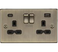 Knightsbridge London Switched Socket CS9940AB 13A 2G + 2x USB A+C Antique Brass + Black Insert
