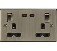 Knightsbridge CS9965AB Square Edge 13A 2G DP Switched Socket with Dual USB-C (65W DUAL FASTCHARGE) - Antique Brass + Black Insert