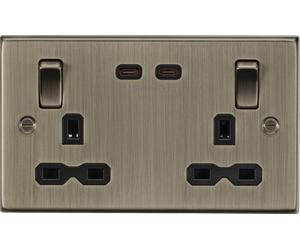 Knightsbridge CS9965AB Square Edge 13A 2G DP Switched Socket with Dual USB-C (65W DUAL FASTCHARGE) - Antique Brass + Black Insert