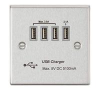 Knightsbridge CSQUADBCG Quad USB Charger Outlet, Brushed Chrome with Grey Insert, 5.1 A