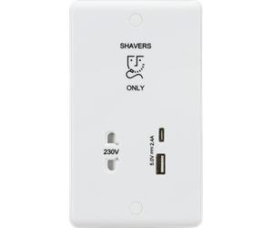 Knightsbridge CU8909 White Curved Edge 230V Shaver Socket with Dual USB C (5V DC 2.4A Shared, Max. 12W)