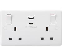 Knightsbridge CU9002 White Curved 13A 2G Switched Socket + 2xUSB A+C 5V DC 4.8A Shared (Outboard Rockers)