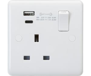 Knightsbridge CU9919D White Curved Edge 13A 1G DP Switched Socket + 2xUSB C (20V DC 1.1A) Max. 22W