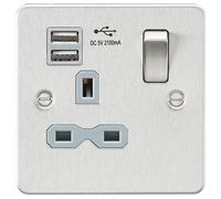 KnightsBridge Flat plate 13A 1G switched socket with dual USB charger (2.1A) - brushed chrome with grey insert