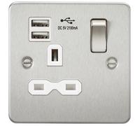 KnightsBridge Flat plate 13A 1G switched socket with dual USB charger (2.1A) - brushed chrome with white insert