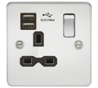 KnightsBridge Flat plate 13A 1G switched socket with dual USB charger (2.1A) - polished chrome with black insert