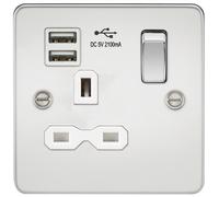 KnightsBridge Flat plate 13A 1G switched socket with dual USB charger (2.1A) - polished chrome with white insert
