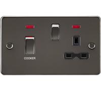 Knightsbridge FPR83MNGM Flat Plate 45A DP Cooker Switch + 13A Switched Socket + Neons - Gunmetal + Black Insert