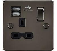 Knightsbridge FPR9124GM Flat Plate 13A 1G Switched Socket + 2xUSB 2.4A - Gunmetal + Black Insert