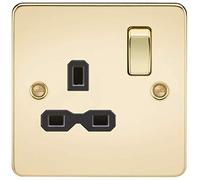 Knightsbridge Flat plate 13A 1G DP switched socket - polished brass with black insert - FPR7000PB
