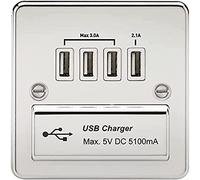 Knightsbridge FPQUADPCW FPQUAD FPAVQUADPCW Flat Plate 1G Quad USB Charger Outlet 5V Dc 5.1A-Polished Chrome White Insert