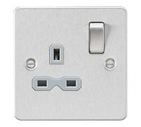Knightsbridge FPR7000BCG Flat Plate 13A 1G DP Switch Socket - Brushed Chrome + Grey Insert