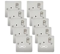 Knightsbridge FPR7000BCWx10 Flat Plate 13A 1G DP Switch Socket - Brushed Chrome + White Insert (10 Pack)