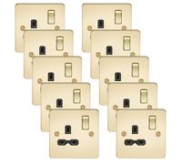 Knightsbridge FPR7000PBx10 Flat Plate 13A 1G DP Switch Socket - Polished Brass + Black Insert (10 Pack)