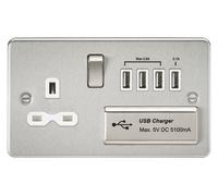 Knightsbridge FPR7USB4BCW Flat Plate 13A Switch Socket + 4xUSB - Brushed Chrome + White Insert