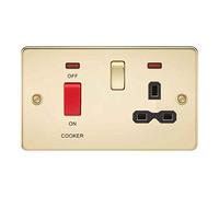 Knightsbridge FPR8333NPB Flat Plate DP Switch and Switched Socket with Neon, Polished Brass with Black Insert, 45 A/13 A