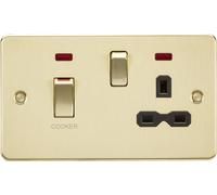 Knightsbridge FPR83MNBB Flat Plate 45A DP Cooker Switch + 13A Switched Socket + Neons - Brushed Brass + Black Insert
