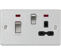 Knightsbridge FPR83MNBC Flat Plate 45A DP Cooker Switch + 13A Switched Socket + Neons - Brushed Chrome + Black Insert
