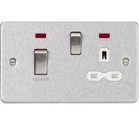 Knightsbridge FPR83MNBCW Flat Plate 45A DP Cooker Switch + 13A Switched Socket + Neons - Brushed Chrome + White Insert