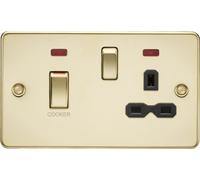 Knightsbridge FPR83MNPB Flat Plate 45A DP Cooker Switch + 13A Switched Socket + Neons - Polished Brass + Black Insert