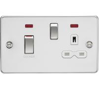 Knightsbridge FPR83MNPCW Flat Plate 45A DP Cooker Switch + 13A Switched Socket + Neons - Polished Chrome + White Insert